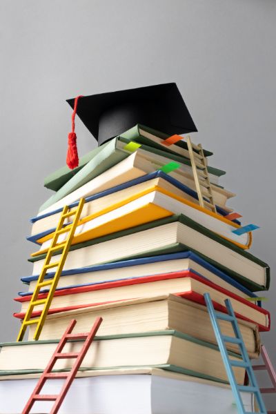 angolo-basso-di-libri-impilati-un-cappello-di-laurea-e-scale-per-la-giornata-dell-istruzione